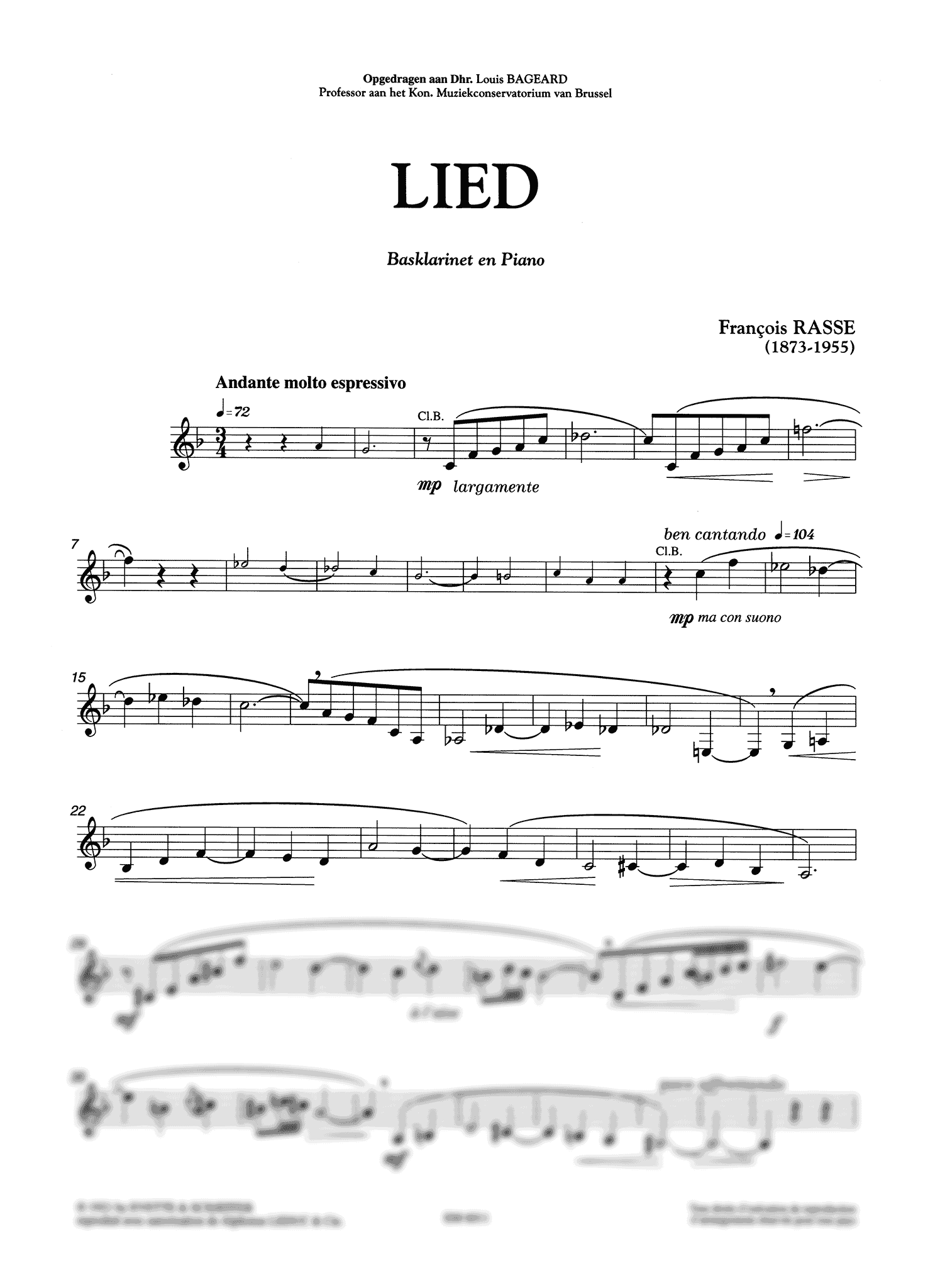 Rasse Lied bass clarinet and piano solo part treble cleff