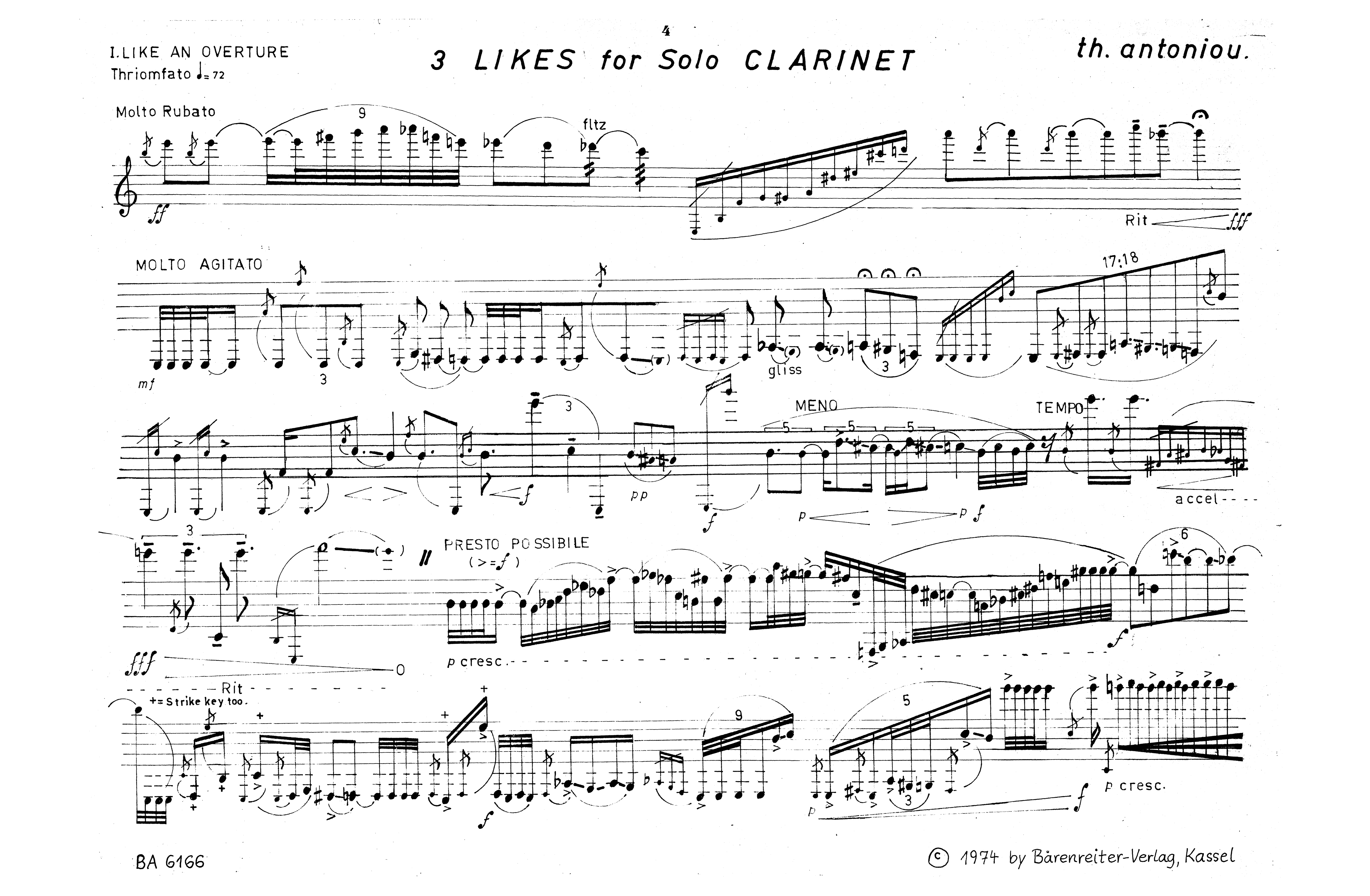 Antoniou Three Likes for Clarinet Unaccompanied  - Movement 1