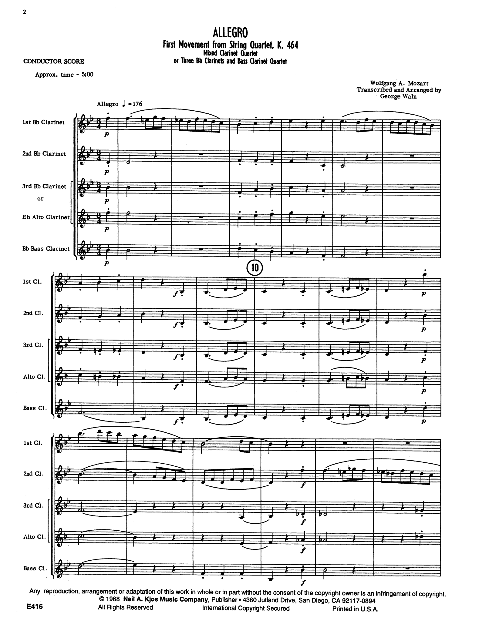 Allegro, from String Quartet No. 18 in A Major, K. 464 Score