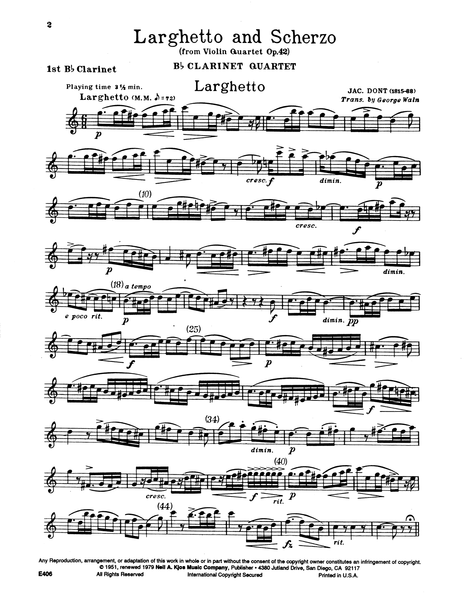 Violin Quartet in E Minor, Op. 42 First Clarinet part