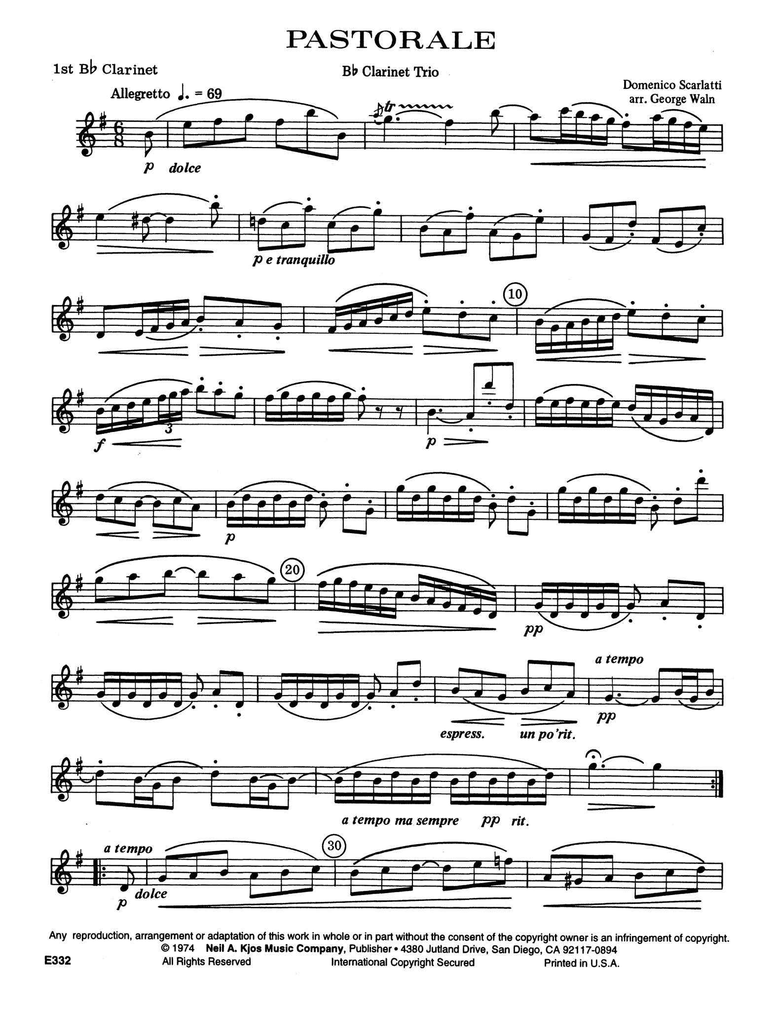 Keyboard Sonata in D Minor 'Pastorale,' K. 9 First Clarinet part