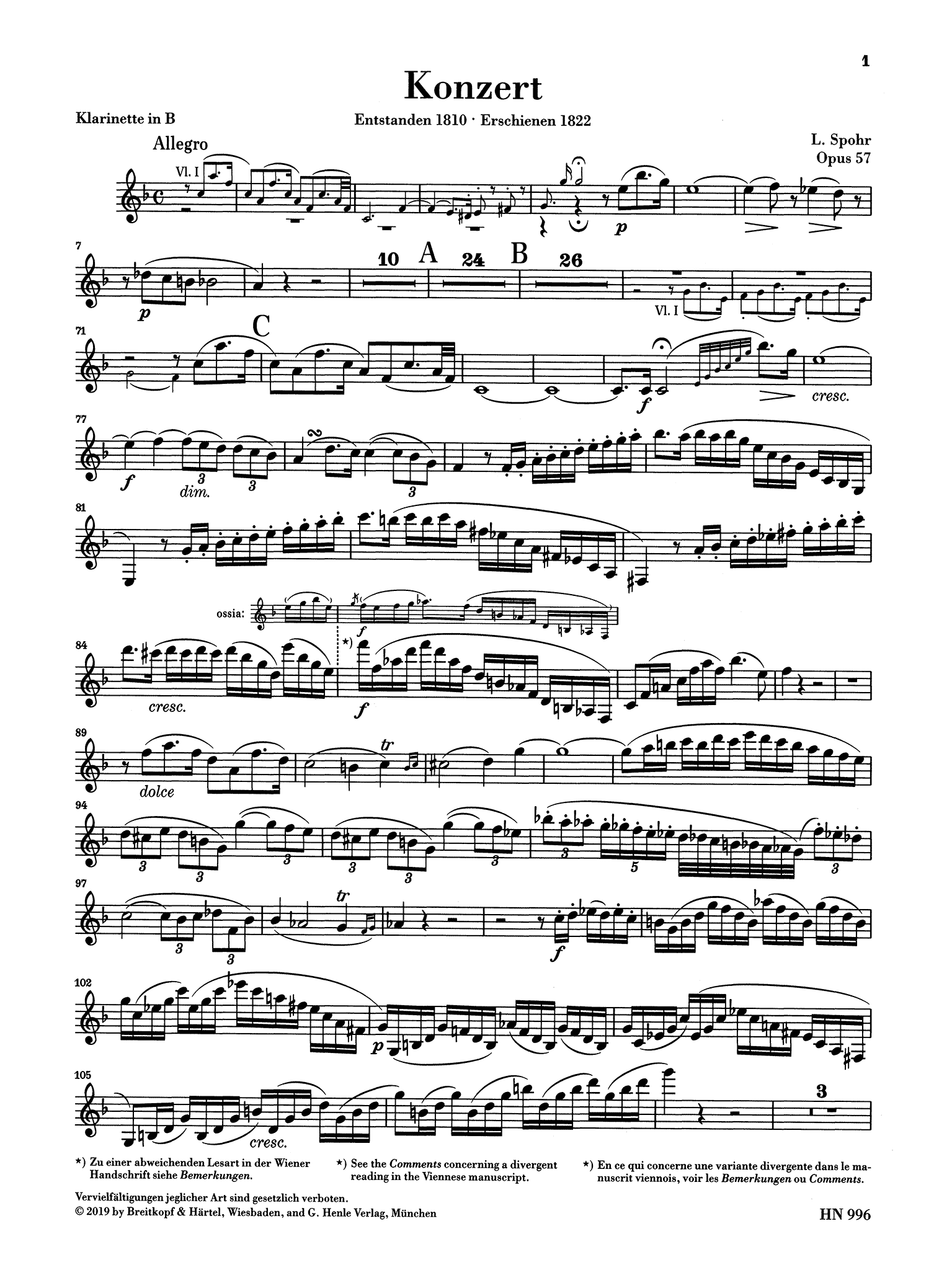 Clarinet Concerto No. 2 in E-flat Major, Op. 57 Clarinet part