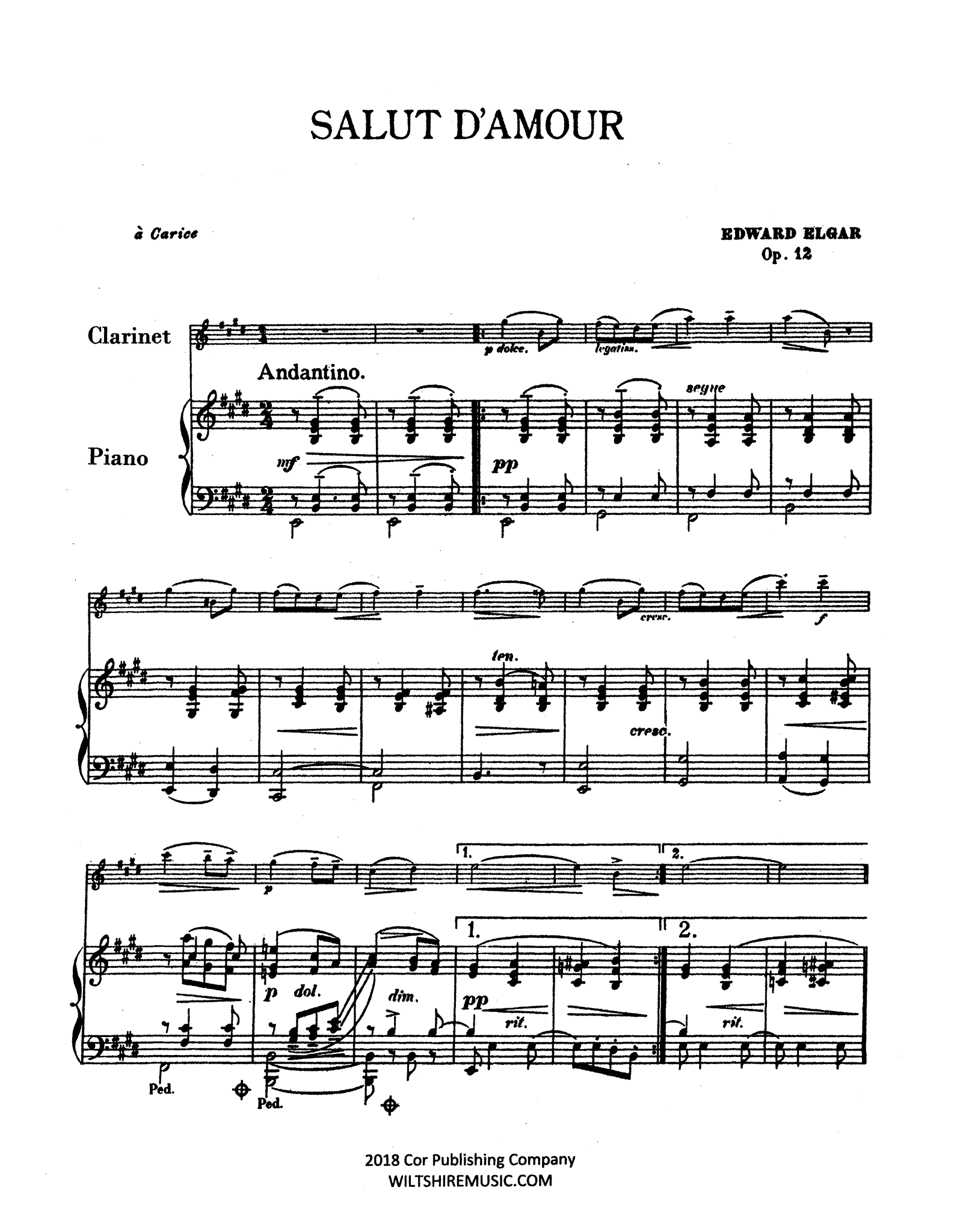 Elgar Salut d’Amour clarinet and piano arrangement score