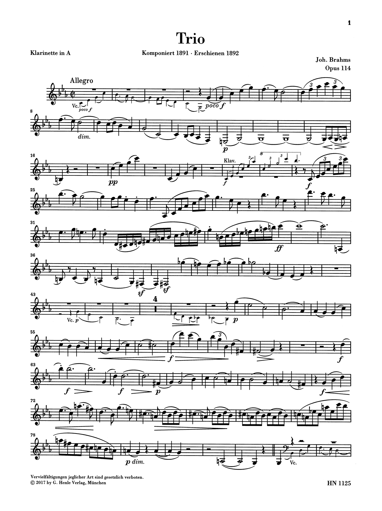 Brahms Clarinet Trio in A Minor, Op. 114 Clarinet part