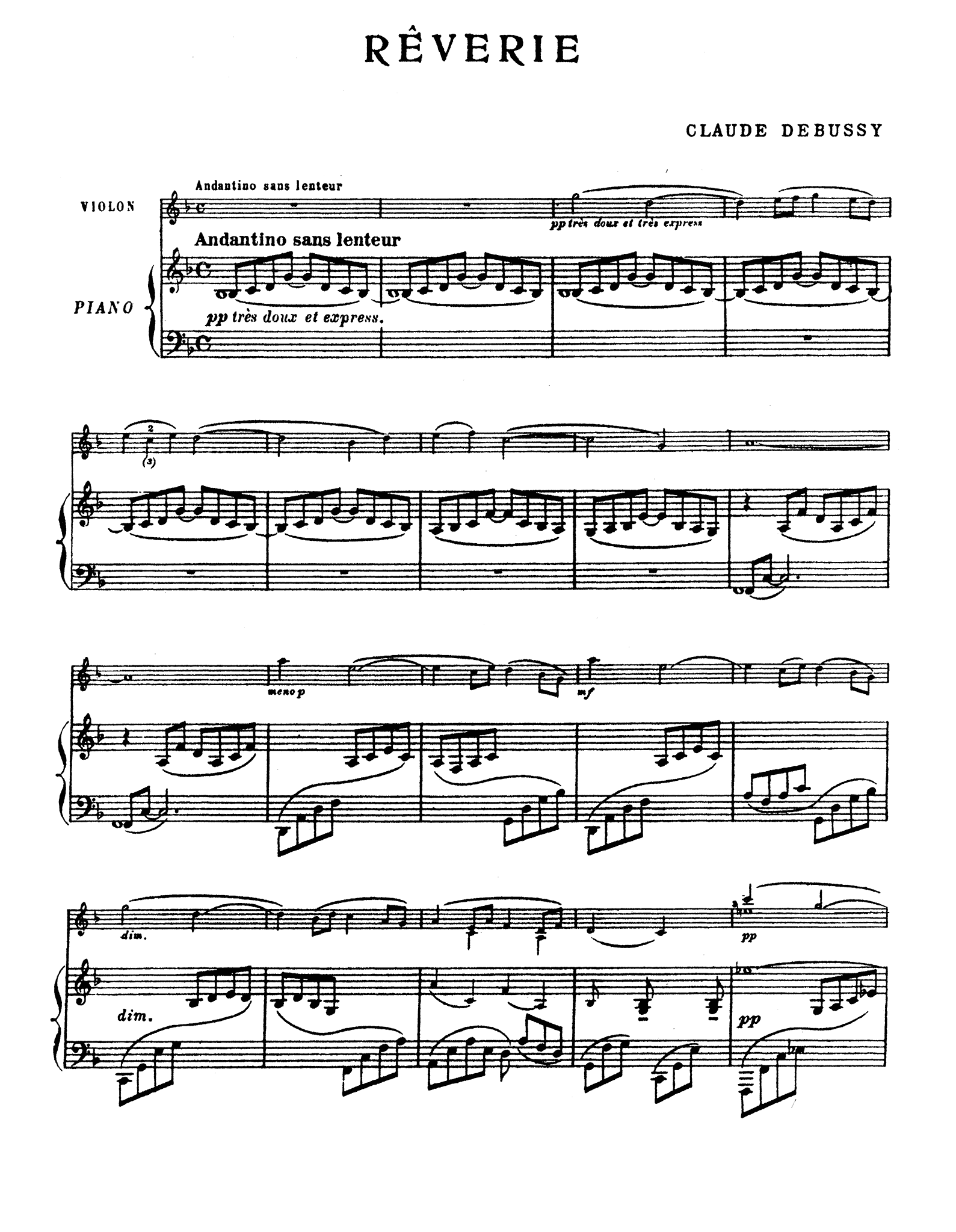 Debussy Rêverie clarinet and piano arrangement score