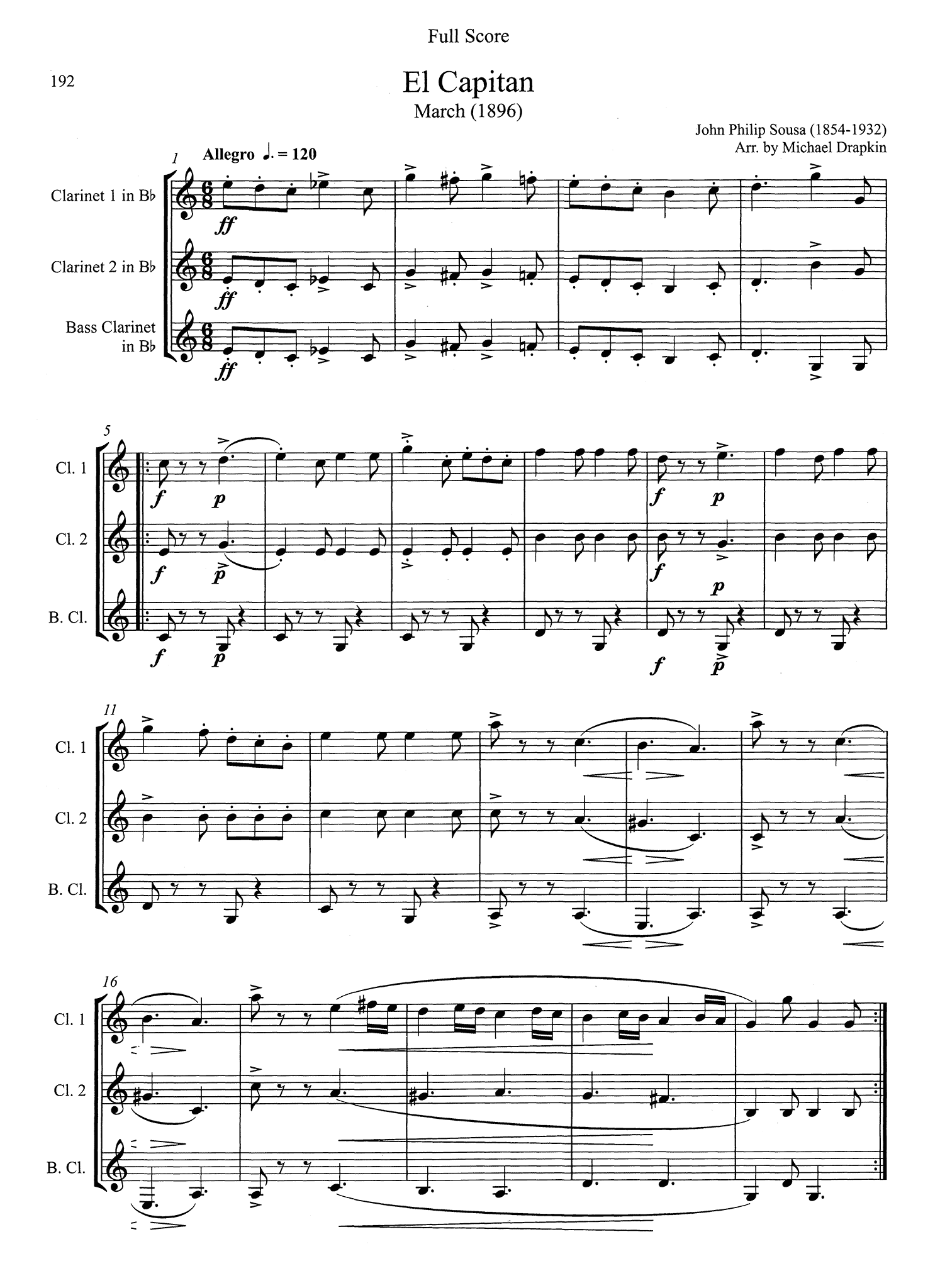 Drapkin Clarinet Trios Volume 1 Sousa Capitan March Score