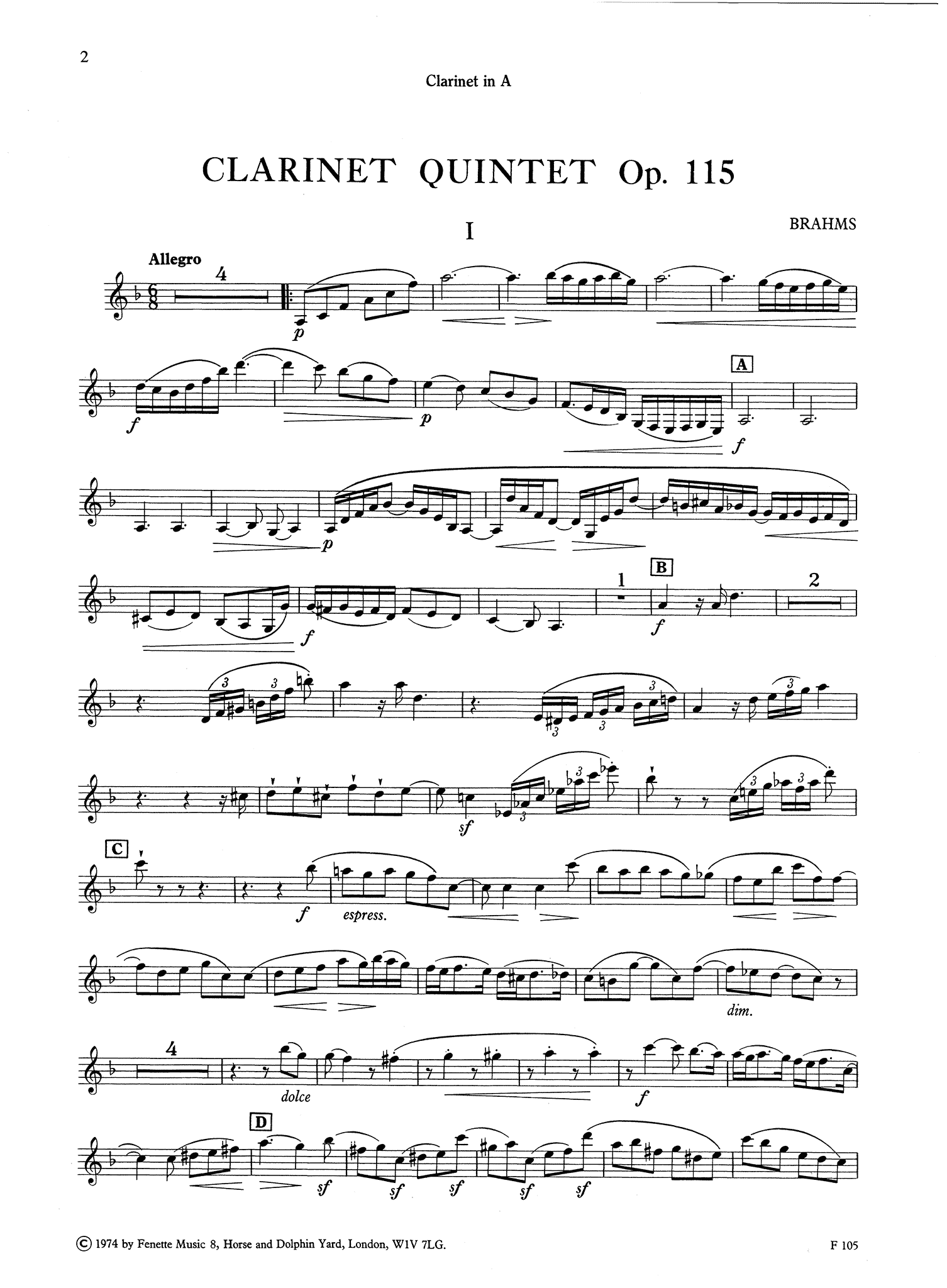 Clarinet Quintet, Op. 115 Clarinet part