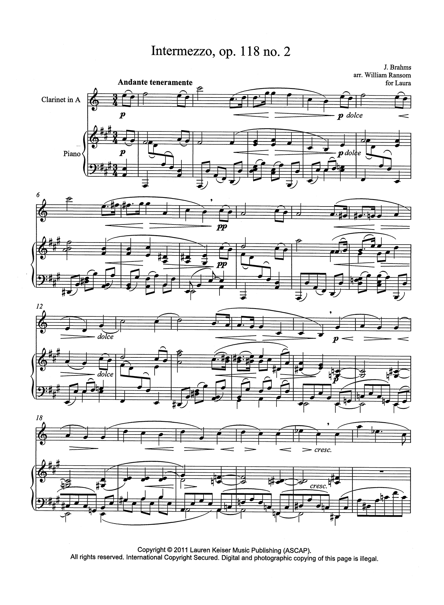 Intermezzo, Op. 118 No. 2 Score (A Clarinet)