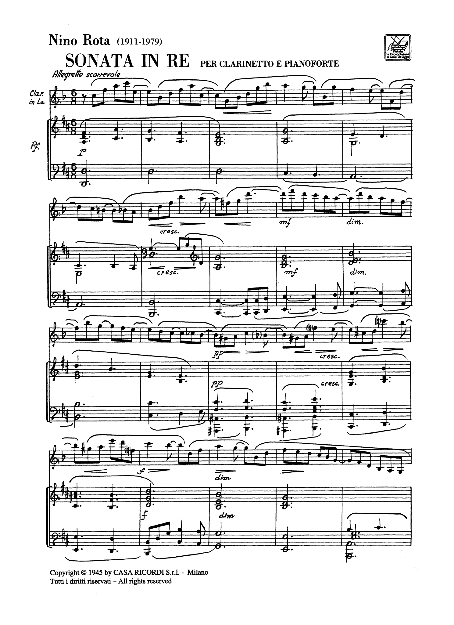 Rota Sonata in D Major clarinet & piano - Movement 1