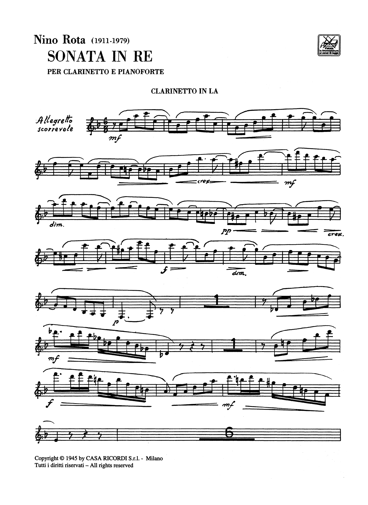 Rota Sonata in D Major clarinet & piano solo part