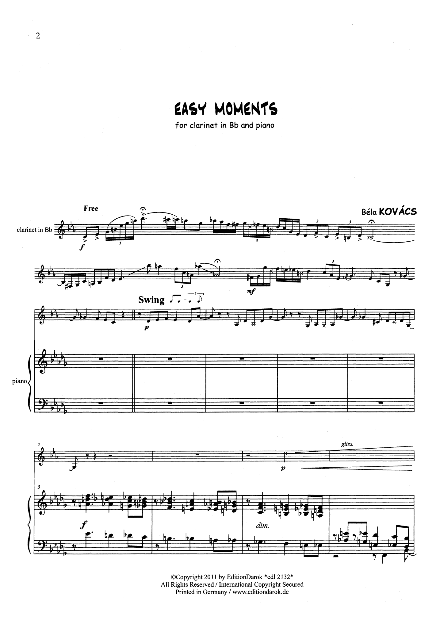 Kovács Easy Moments clarinet & piano score