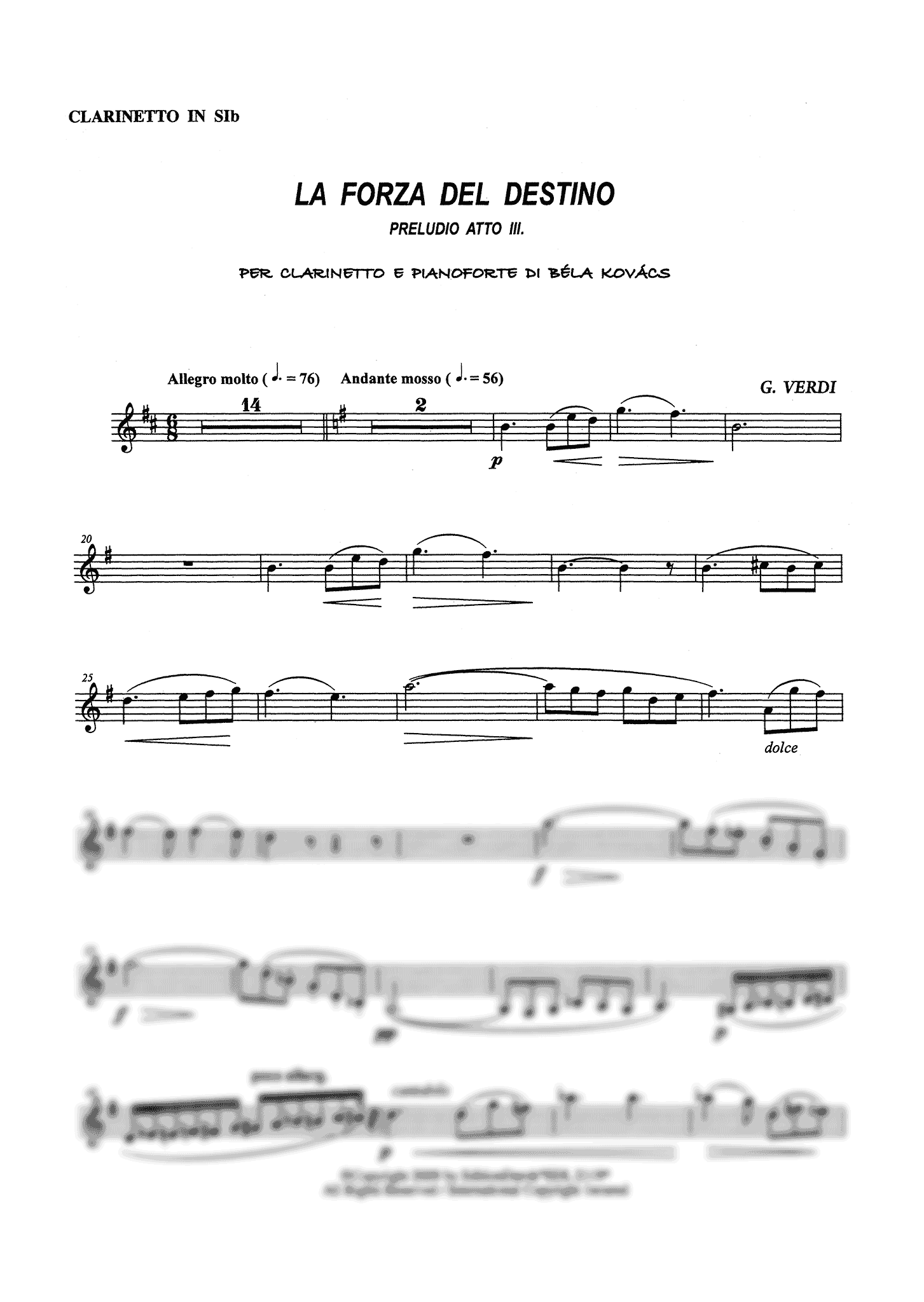 Verdi Pelude to Act 3, from ‘La Forza del Destino’ arranged for clarinet piano Kovacs solo part