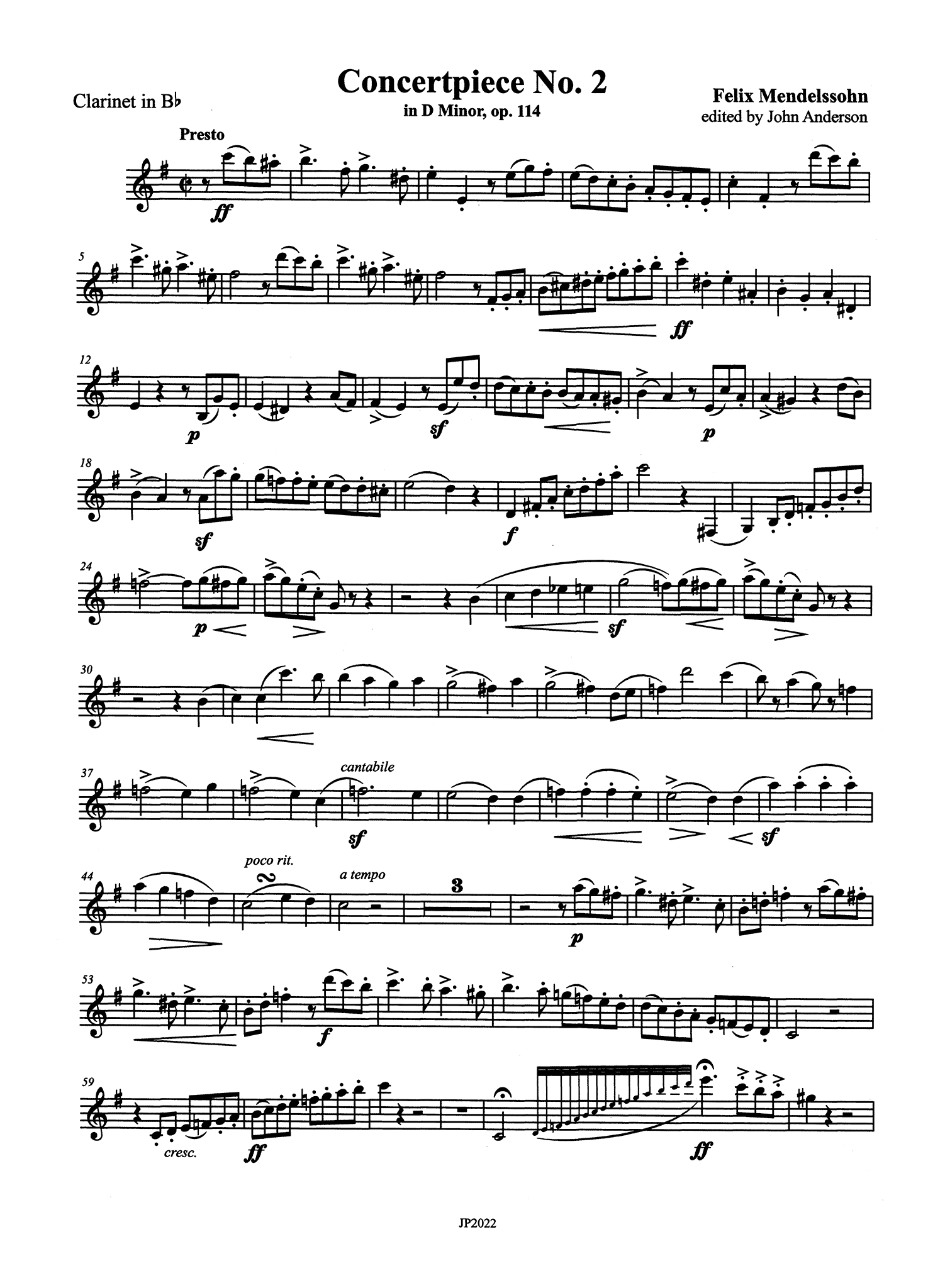 Mendelssohn No. 2 in D Minor, Op. 114 First Clarinet part