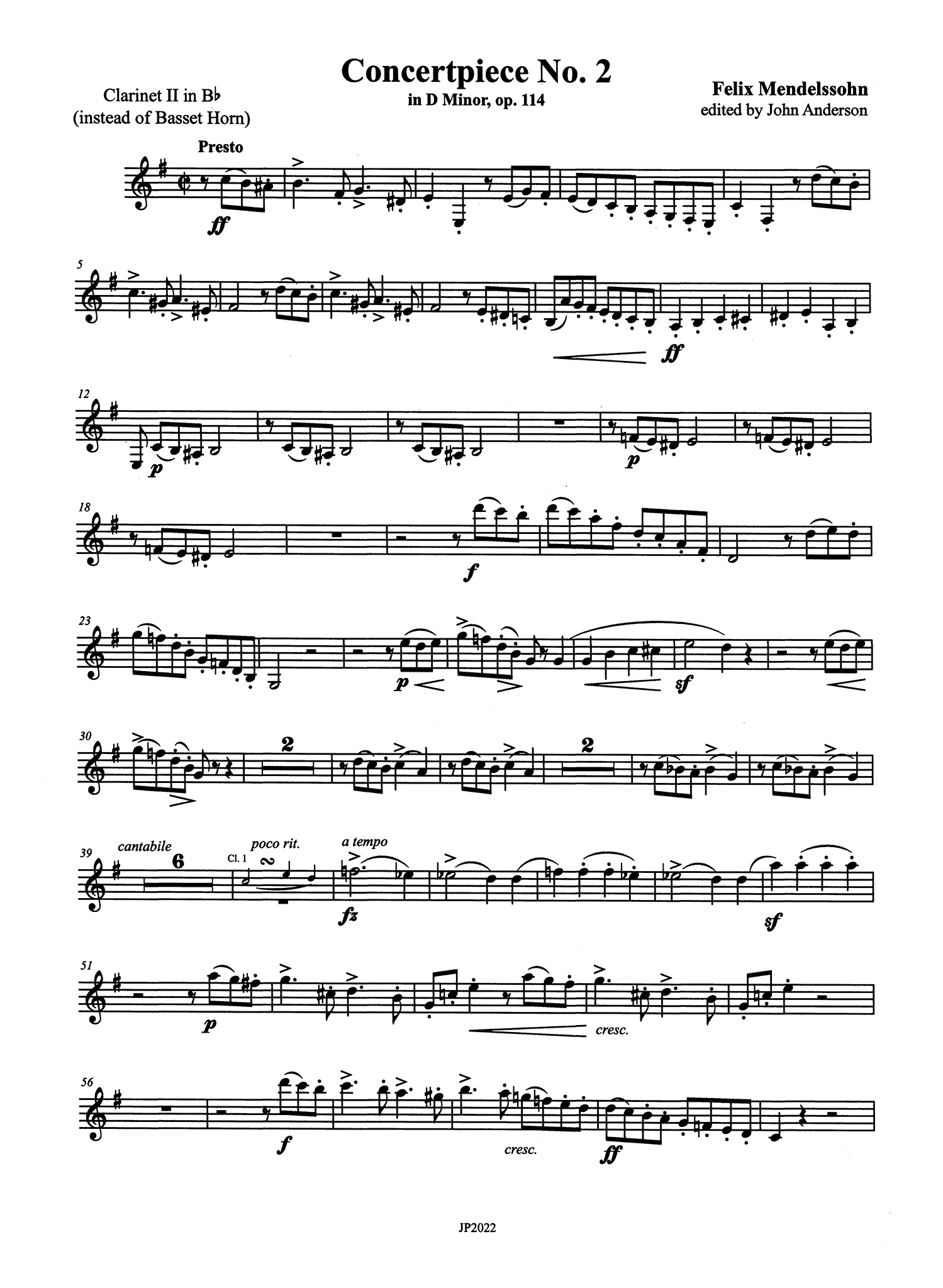 Mendelssohn No. 2 in D Minor, Op. 114 Alternate Second B-flat clarinet part