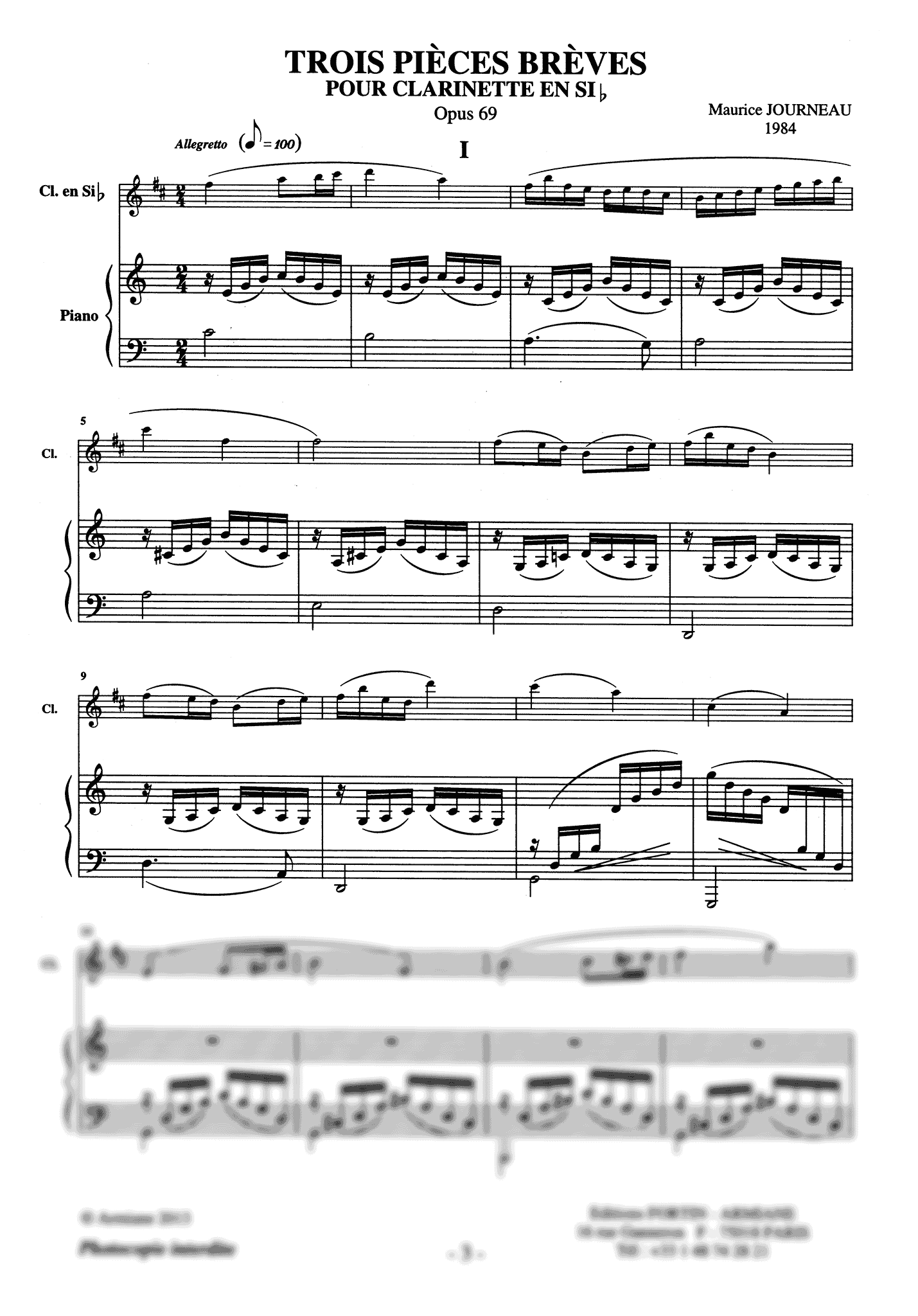 Journeau Trois Pièces Brèves, Op. 69 clarinet and piano - Movement 1
