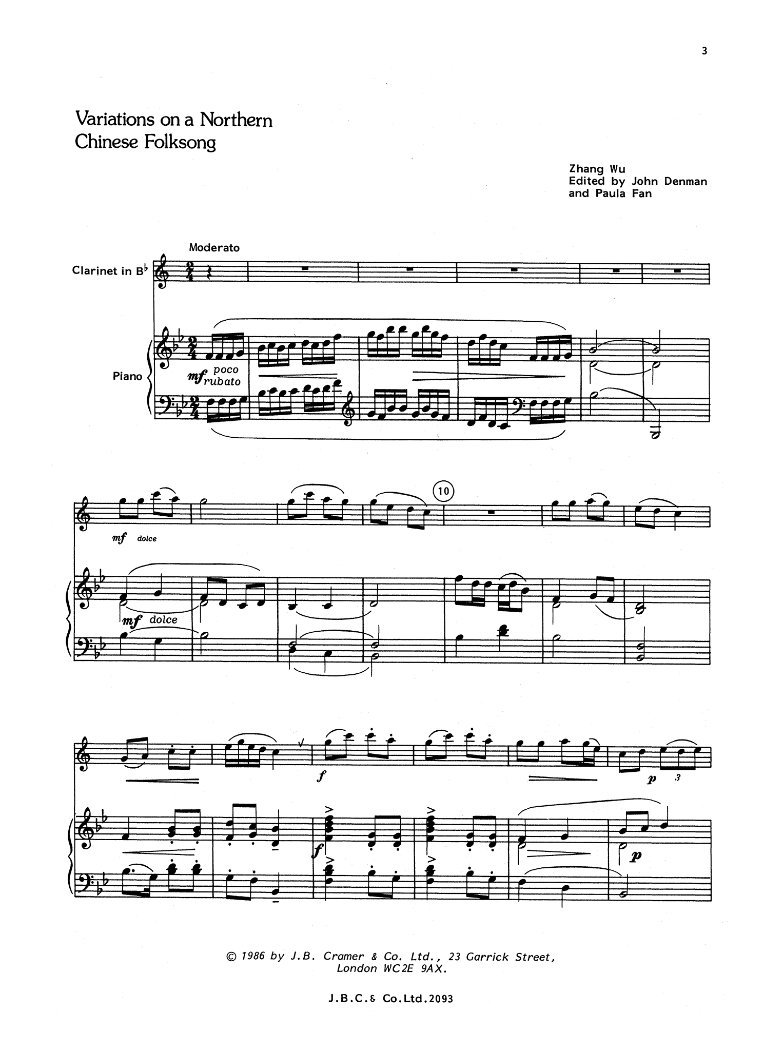 Zhang Wu Variations on a Northern Chinese Folksong score