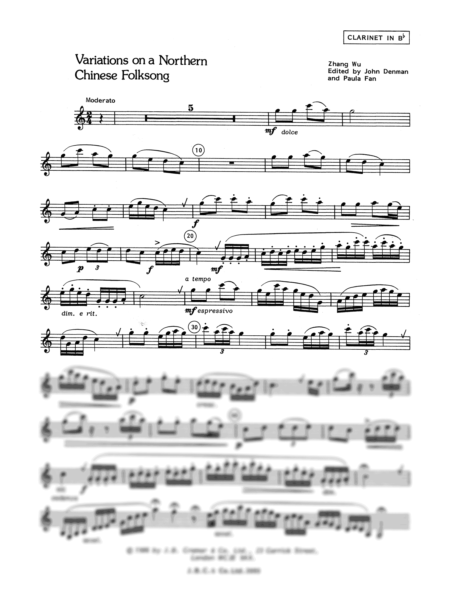 Zhang Wu Variations on a Northern Chinese Folksong clarinet part