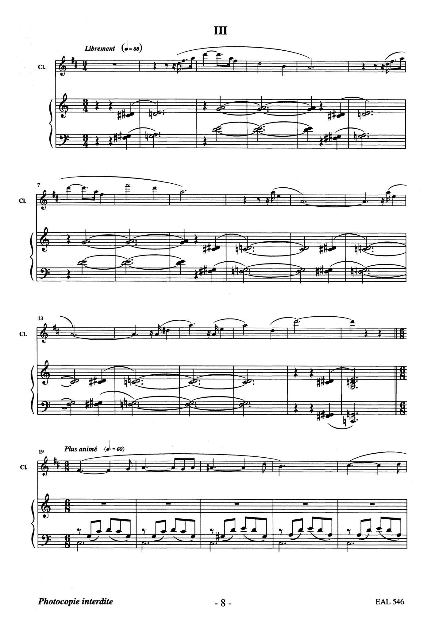 Journeau Trois Pièces Brèves, Op. 69 clarinet and piano - Movement 3