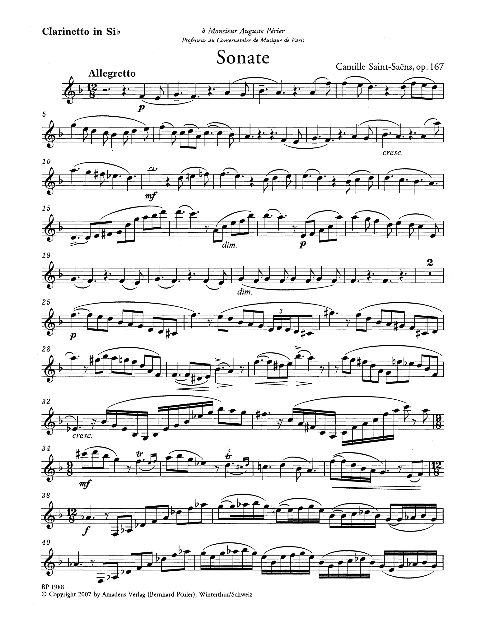 Saint-Saëns Clarinet Sonata Op. 167 Clarinet part