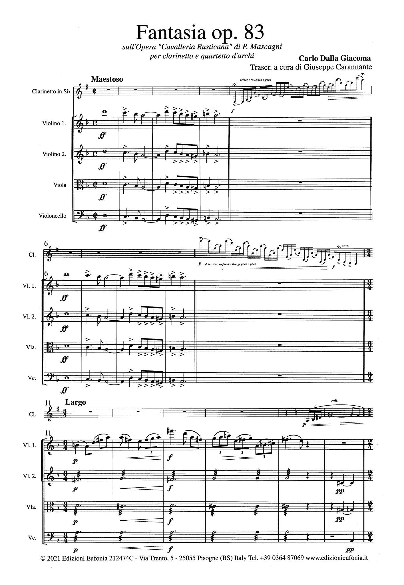 Giacoma Cavalleria rusticana Op. 83 clarinet and string quartet arrangement score