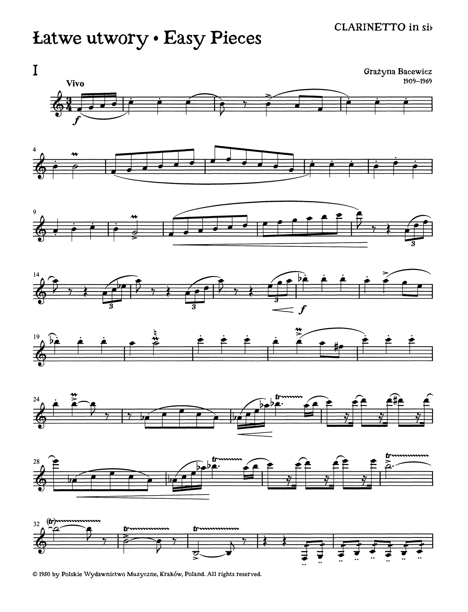 Bacewicz Easy Pieces for Clarinet & Piano solo part