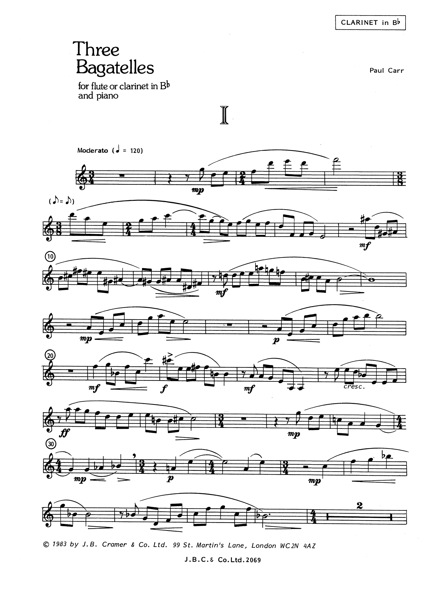Carr Three Bagatelles clarinet and piano solo part