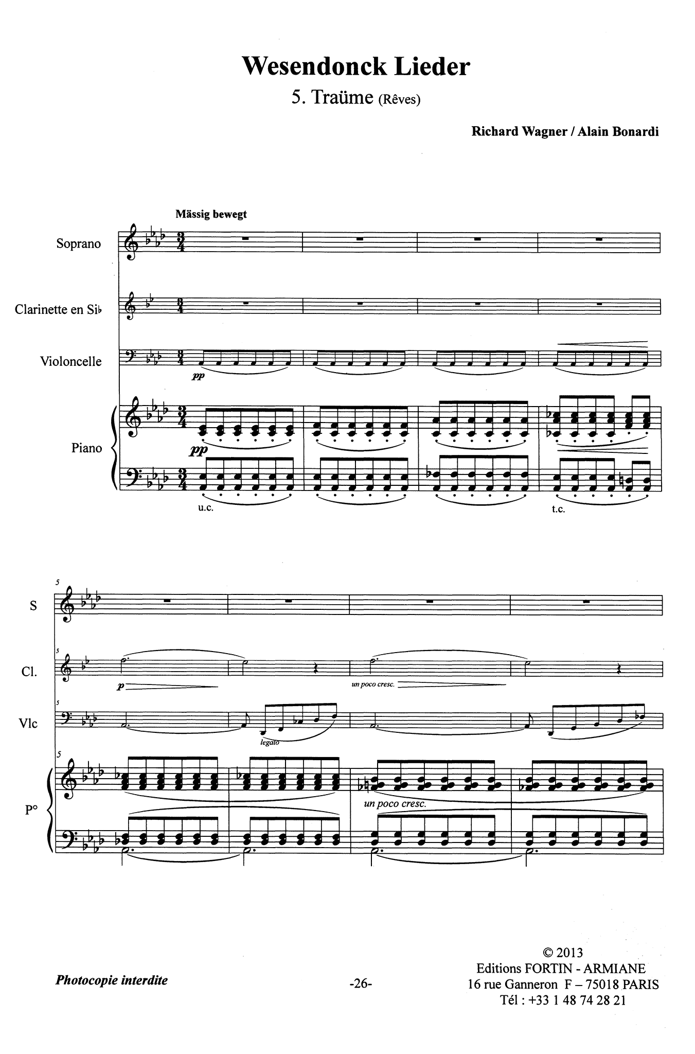 Wagner Wesendonck Lieder, WWV 91 clarinet cello piano arrangement Bonardi -  Song 5