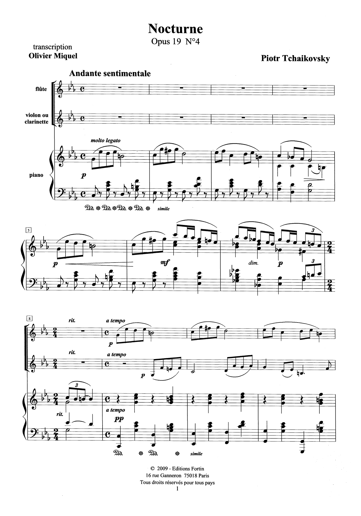 Nocturne, from 6 Pieces, Op. 19 No. 4 flute clarinet and piano arrangement 