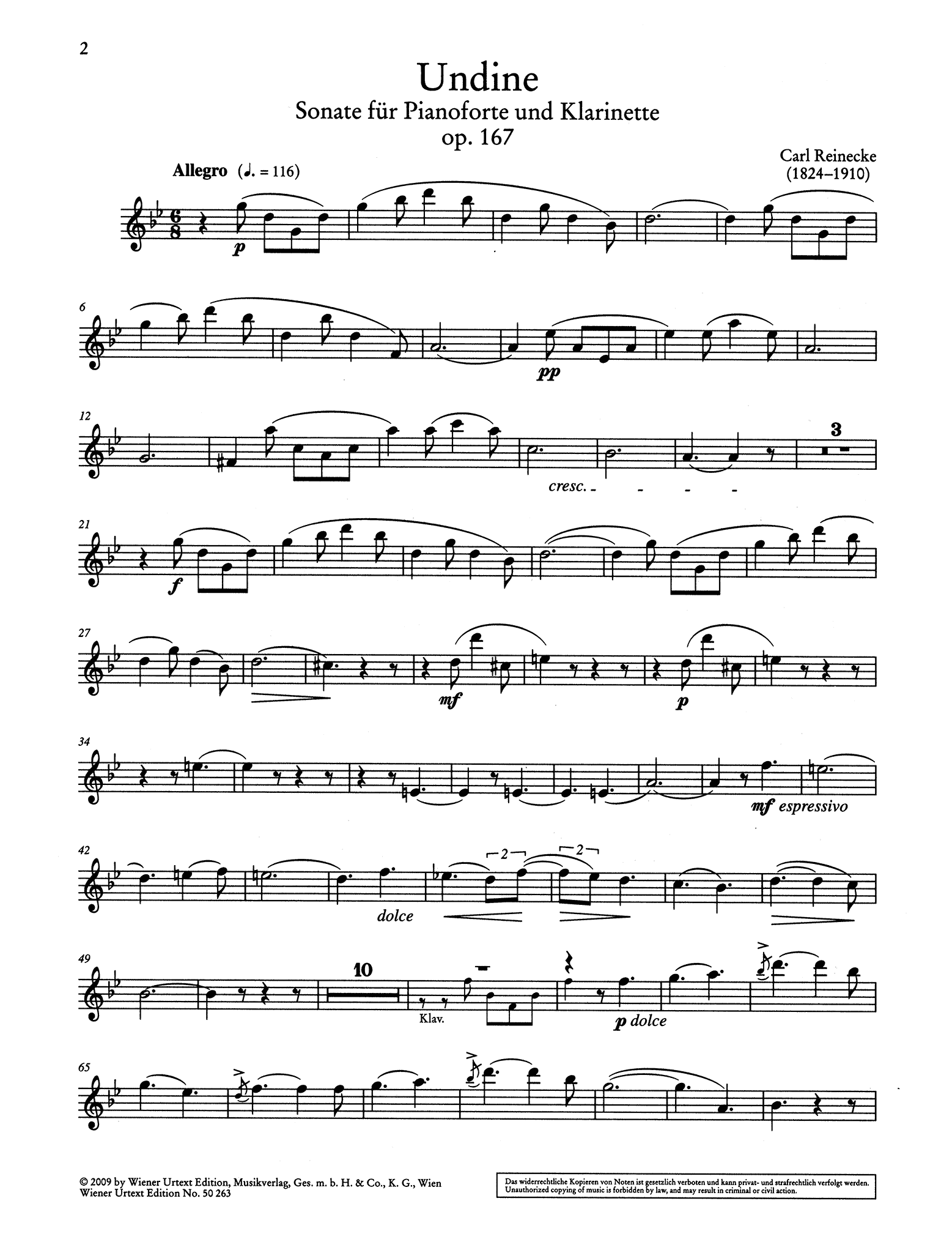 Sonata for Clarinet & Piano, Op. 167 ‘Undine’ Clarinet part