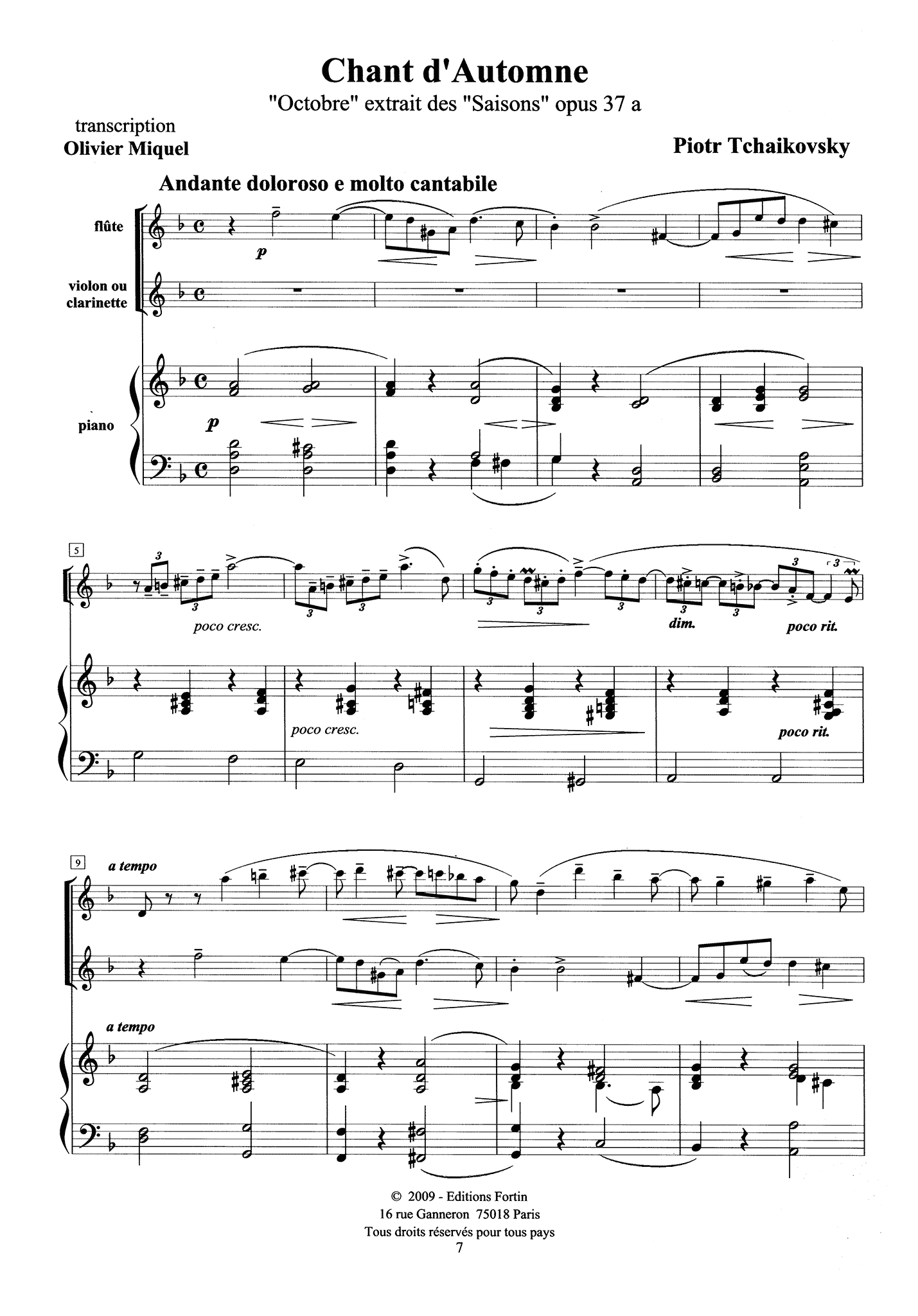October, from The Seasons, Op. 37a No. 10 flute clarinet and piano arrangement 