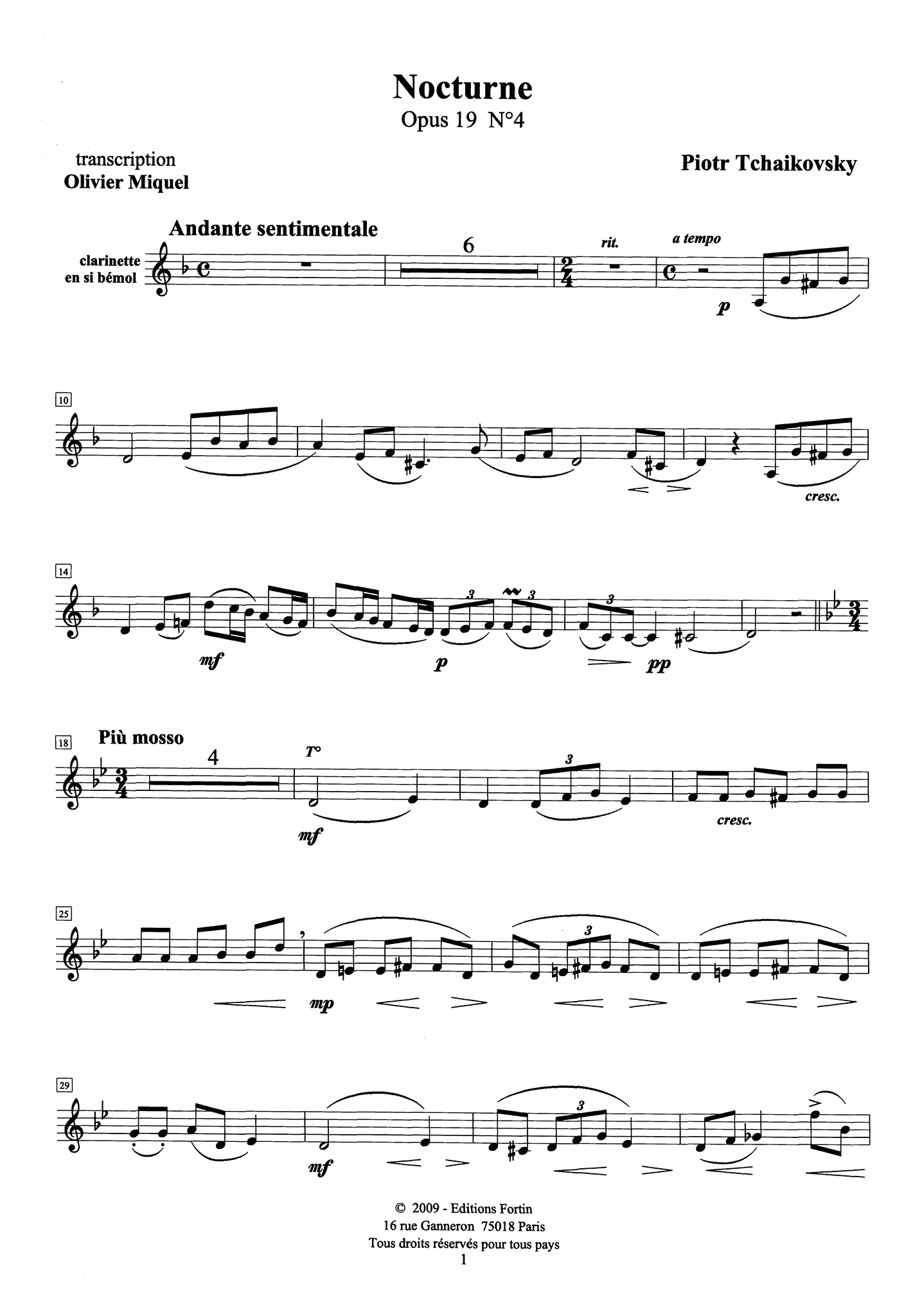 Tchaikovsky Nocturne flute clarinet piano arrangement solo part