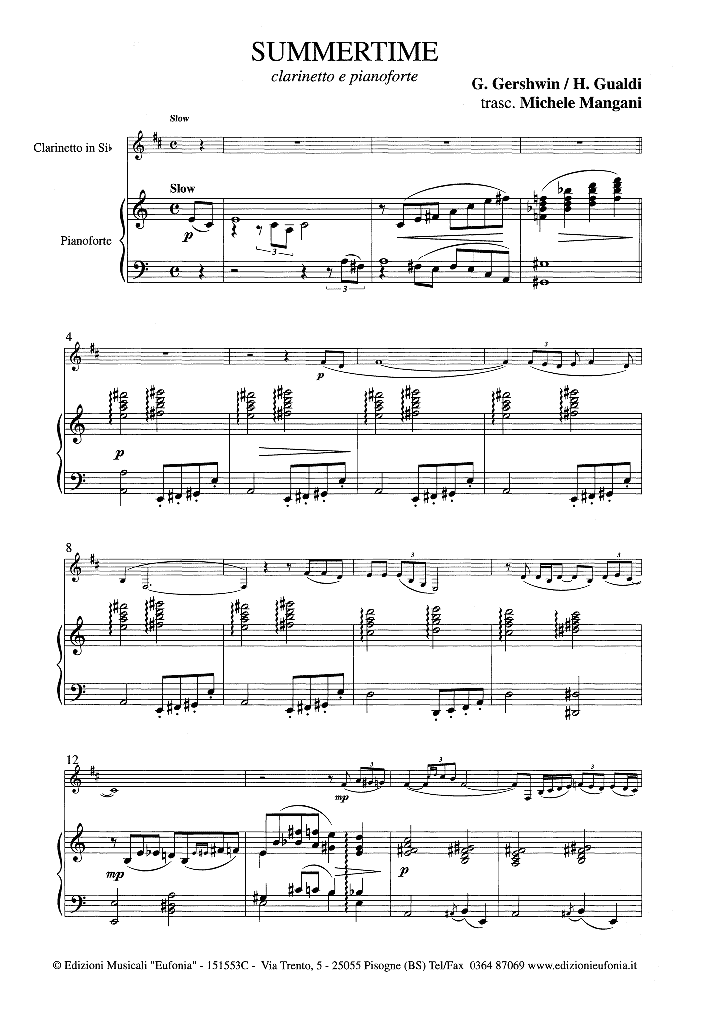 Gershwin Summertime, Hengel Gualdi version clarinet and piano score