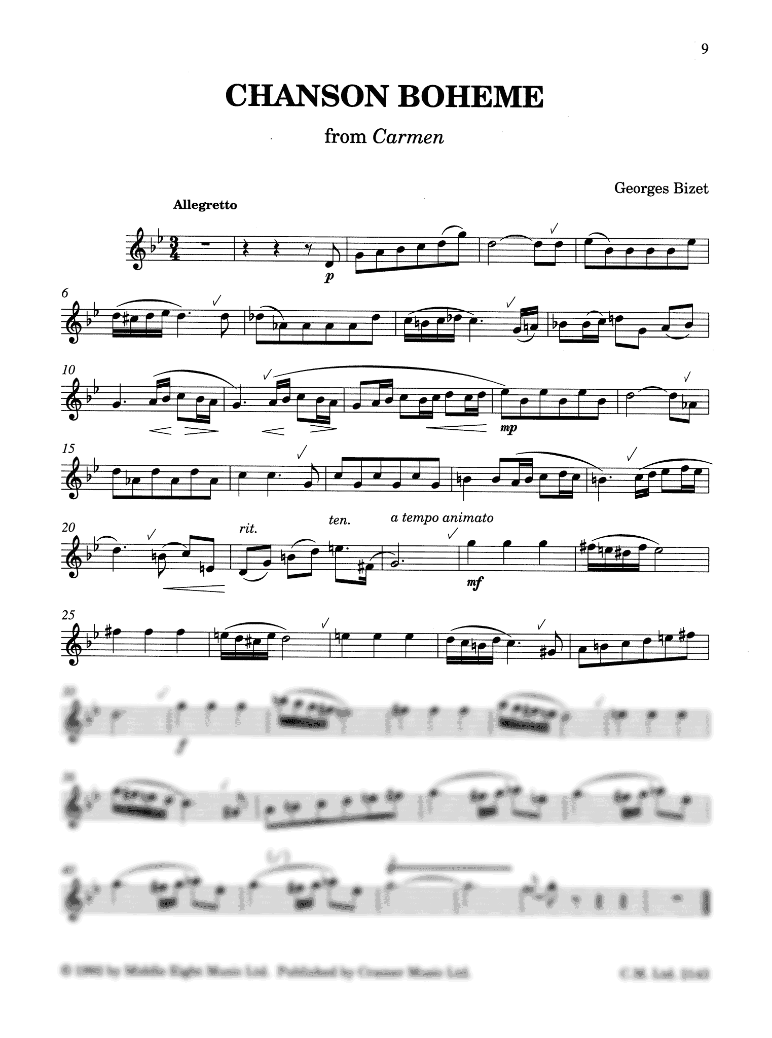 Bizet Carmen Chanson Boheme clarinet piano arrangement solo part