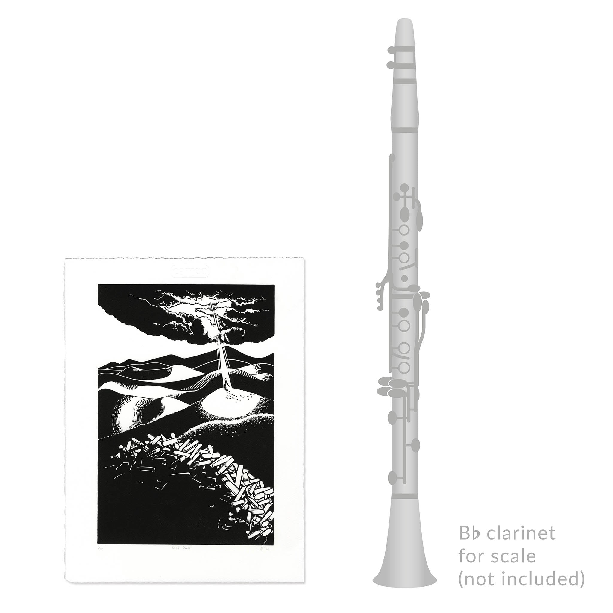 Reed Dunes Clarinet Linocut Art print size comparison